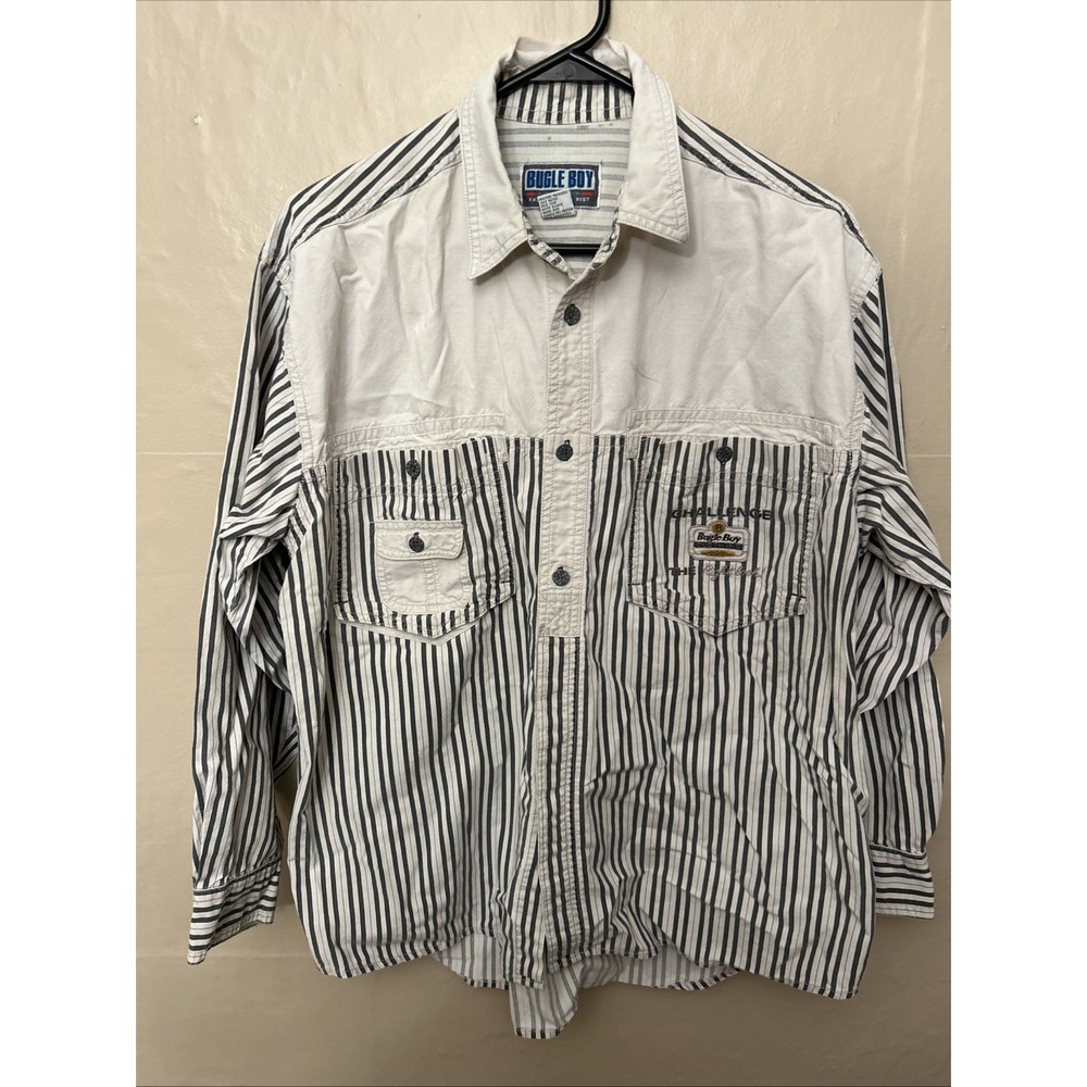 Bugle Boy Mens Vintage Medium Gray Cream Stripes Shirt